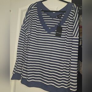 Heybon Women's Off-the-Shoulder Striped Sweater - Blue and White